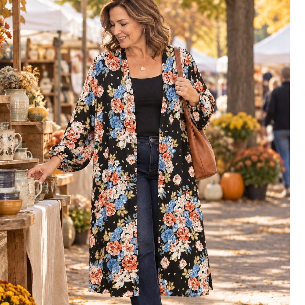 Lildy Black Floral Bubble Sleeve Duster Cardigan Open Front Longline L/XL